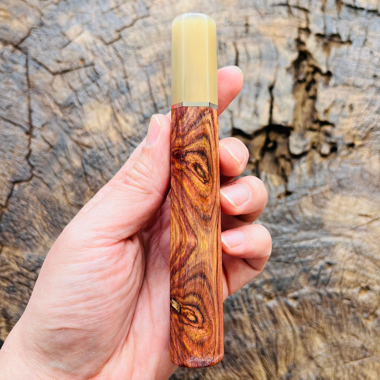 I- Old Huanghuali wood Wa handle with marble horn ferrule and nickel spacer - 140mm