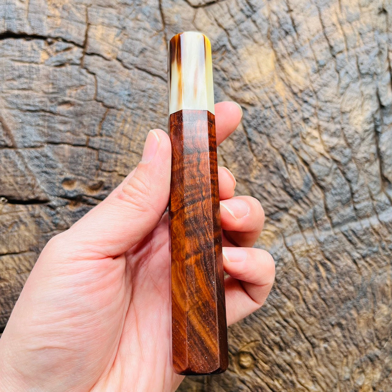 I- Curly Red black rosewood Wa handle with cream red horn ferrule, 135mm