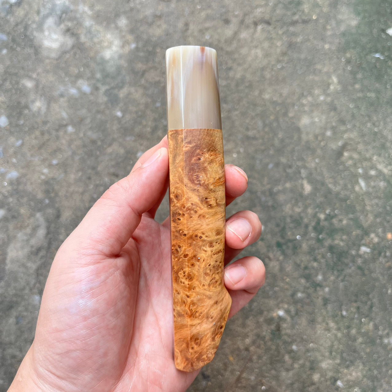 I- Western Rokkaku Hanmaru Dragon Burl handle with cream horn ferrule - 145mm