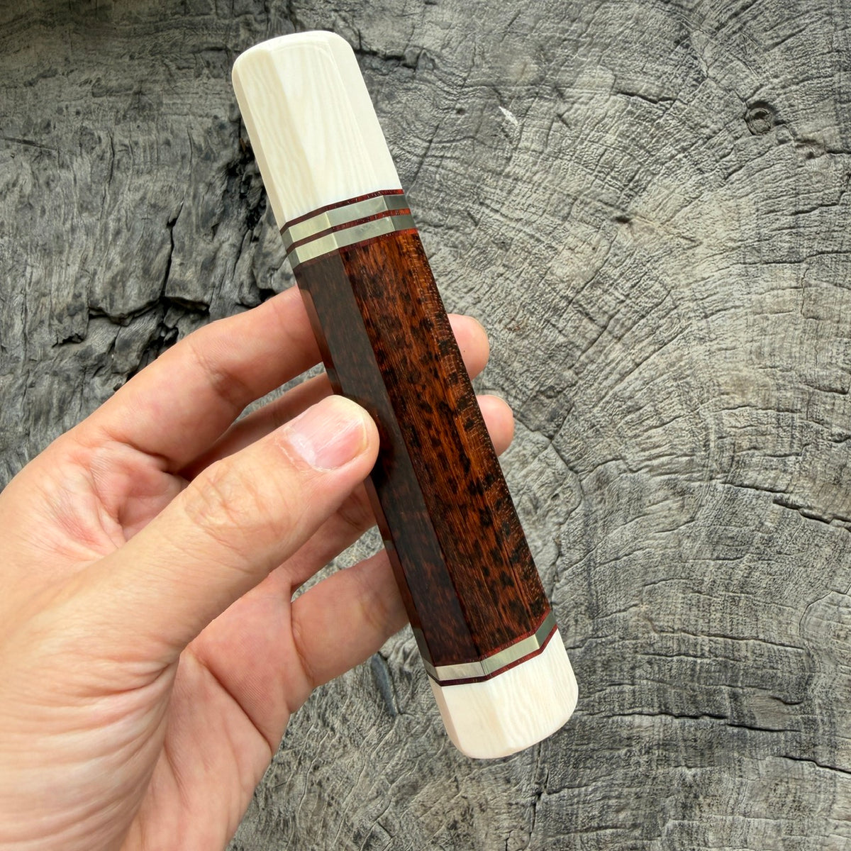 Snake wood Wa handle with White Ferrule, end cap and 3 Nickel and 5 red rings