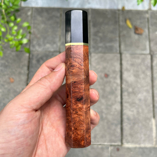 I- 3 Cool Red Amboyna Burl Wa handle, Black horn ferrule, Brass spacer- 135mm