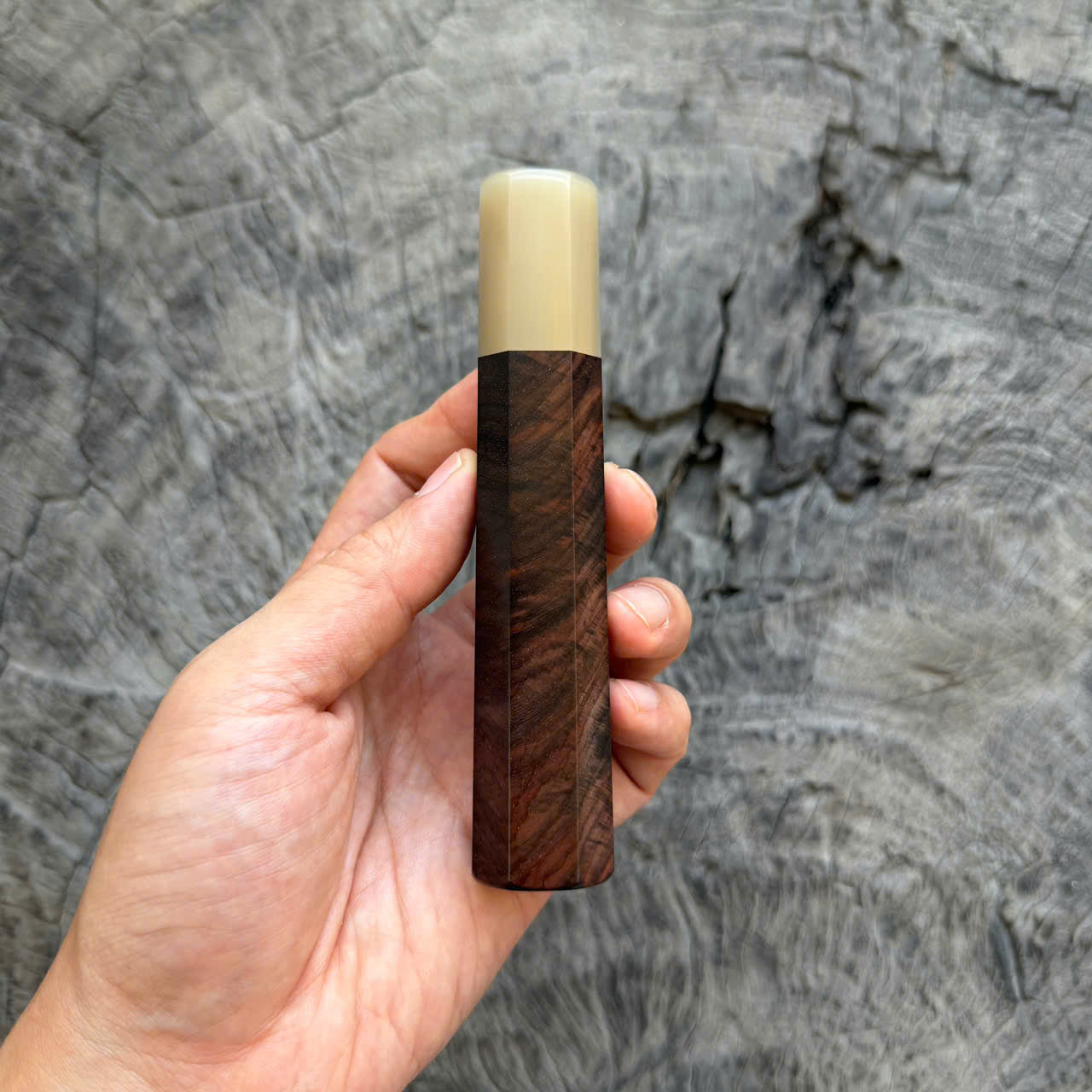 I - 49 Black Curly Siamese Rosewood Wa handle, White horn ferrule, 130mm handle