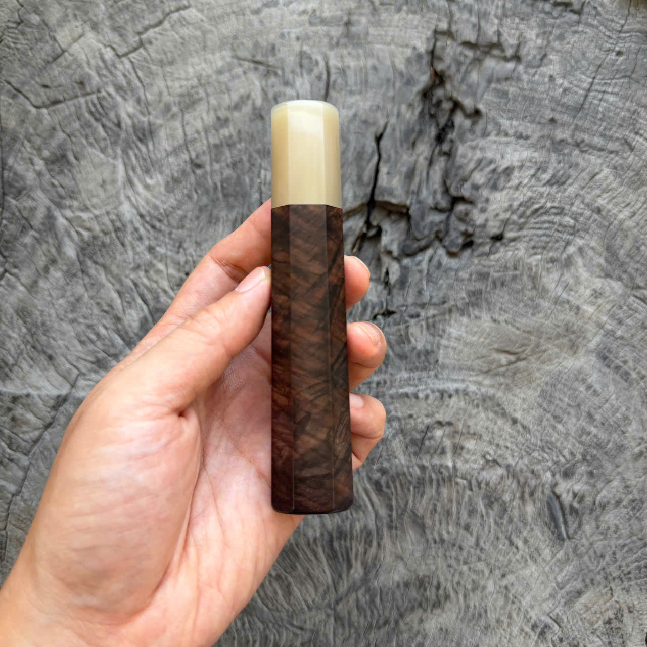 I - 49 Black Curly Siamese Rosewood Wa handle, White horn ferrule, 130mm handle
