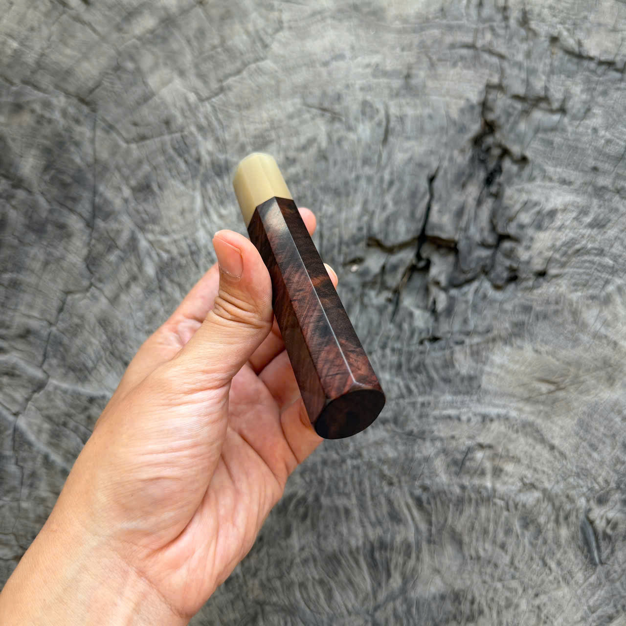 I - 49 Black Curly Siamese Rosewood Wa handle, White horn ferrule, 130mm handle