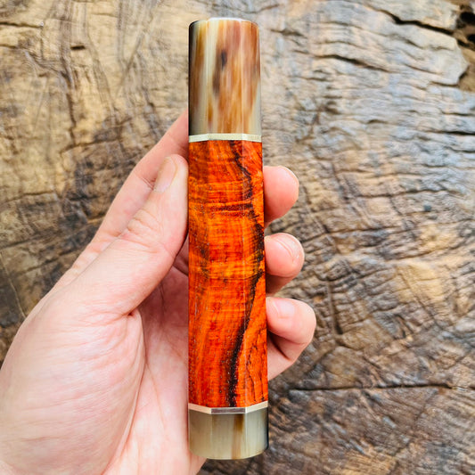 I-  4 Rare Orange Curly Siamese Rosewood Wa handle with marble horn ferrule, end cap and nickel ring  - 140mm