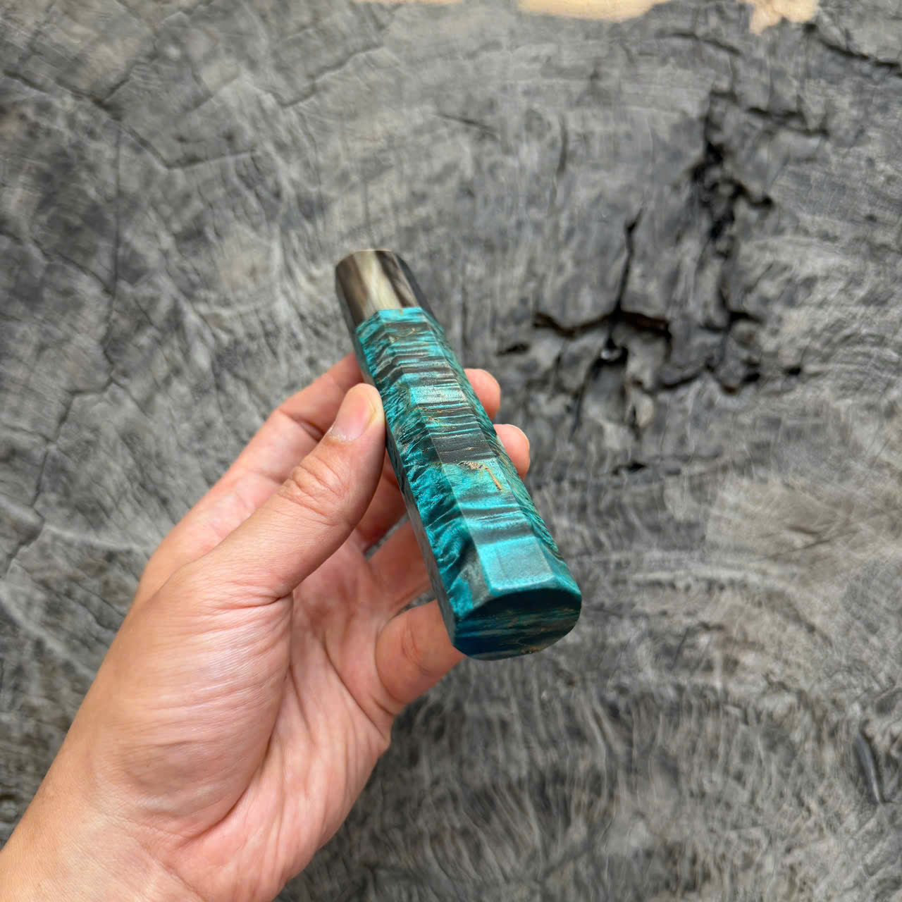 I -  3 Blue Stabilized Burl Wa handle, Black white horn ferrule, 140mm handle