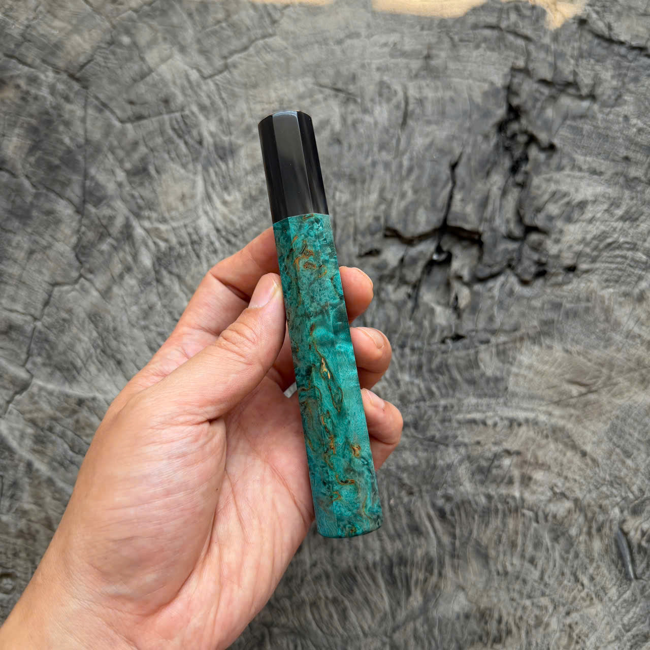 I -  3 Blue Stabilized Burl Wa handle, Black white horn ferrule, 140mm handle
