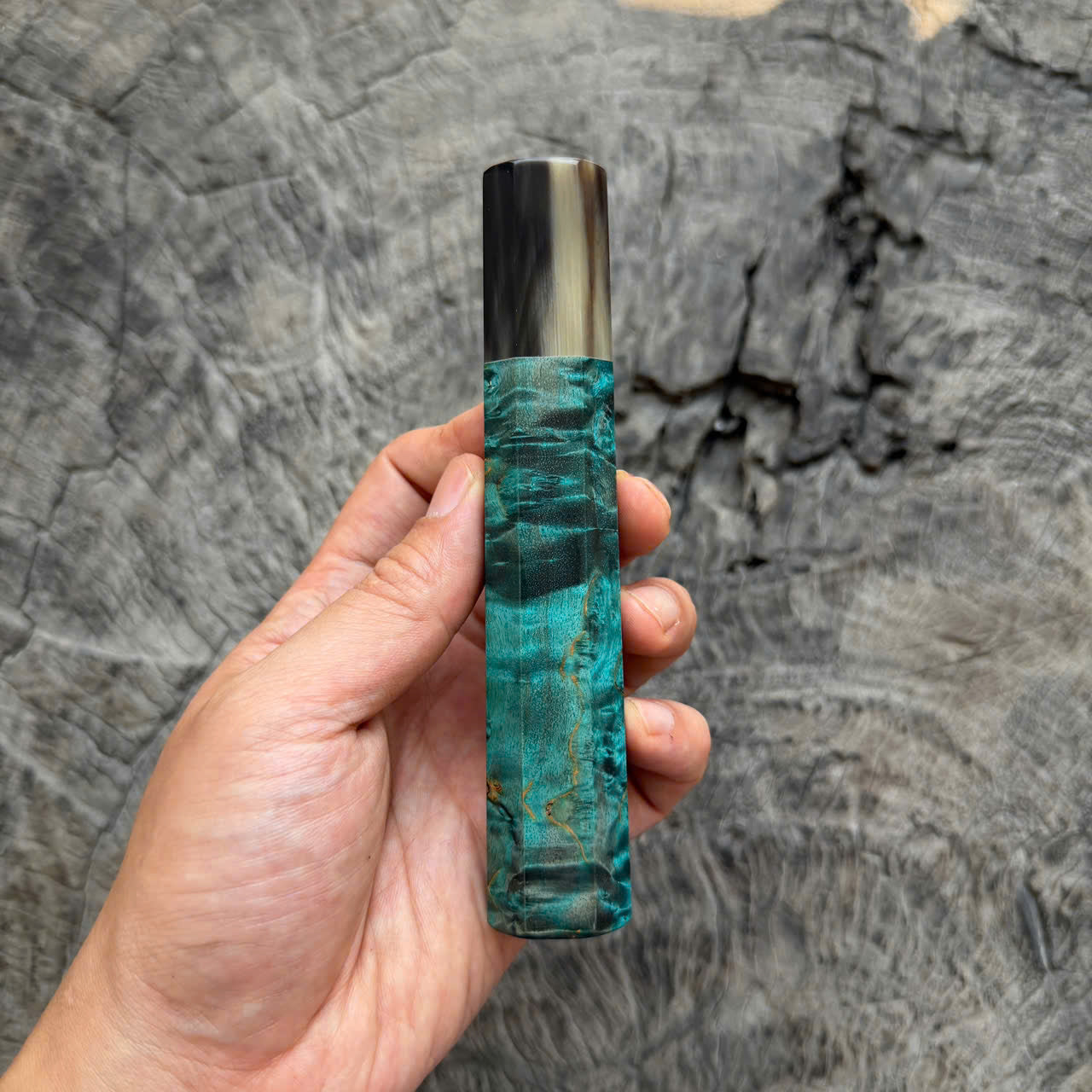 I -  3 Blue Stabilized Burl Wa handle, Black white horn ferrule, 140mm handle
