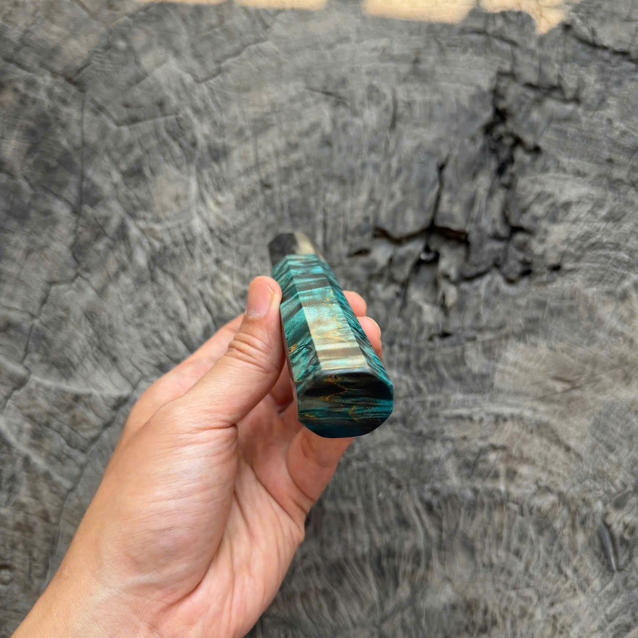 I -  3 Blue Stabilized Burl Wa handle, Black white horn ferrule, 140mm handle