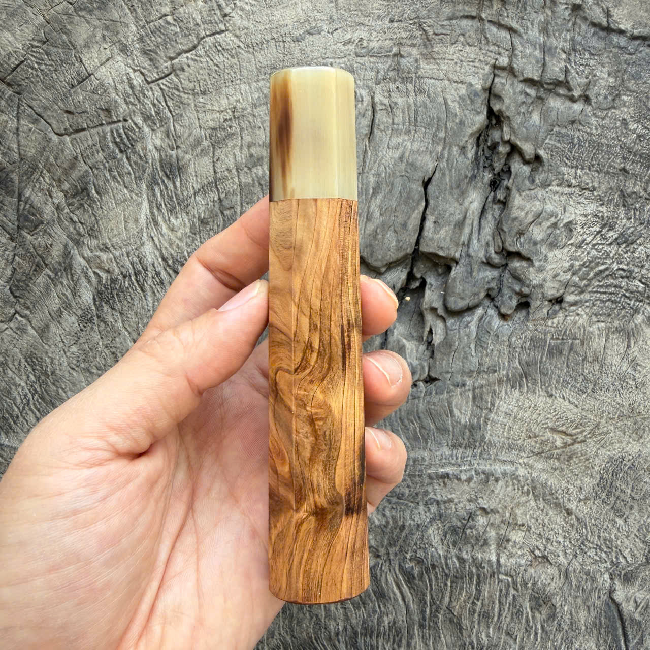 I- 15 Japanese Tamamoku Cedar (Rich oil) Wa handle, Marble Horn Ferrule - 135mm