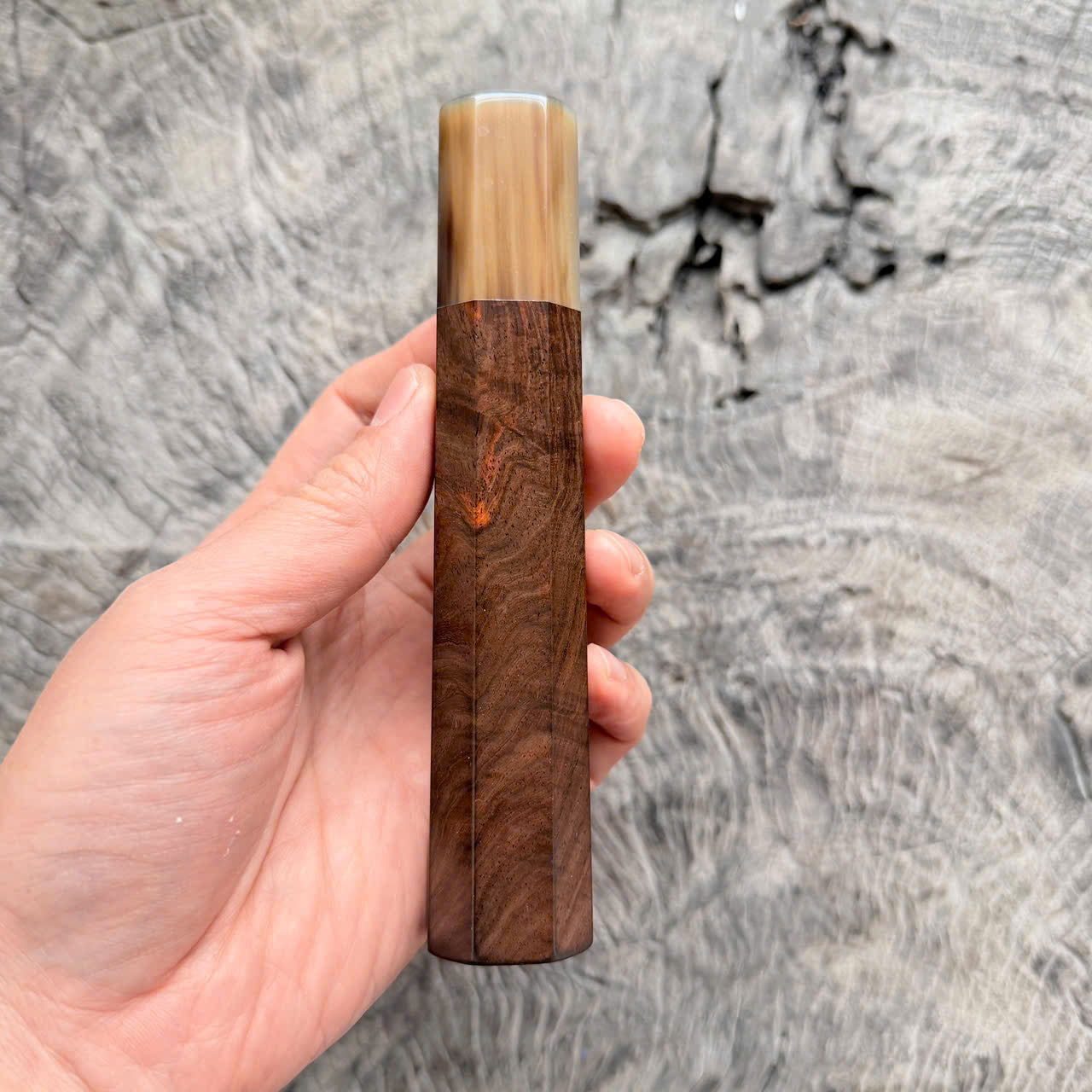 I - 8 Curly Dark Siamese Rosewood Wa handle, Marble horn ferrule,  145 mm handle