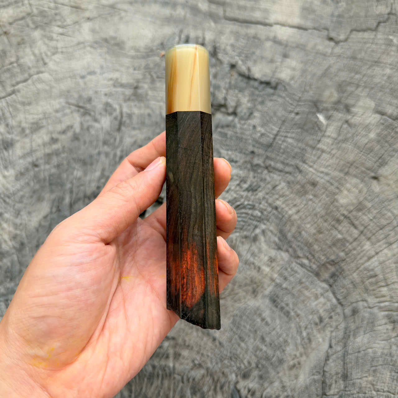 I - Live edge Black curly Siamese Rosewood Wa handle, White horn Ferrule, 140mm handle