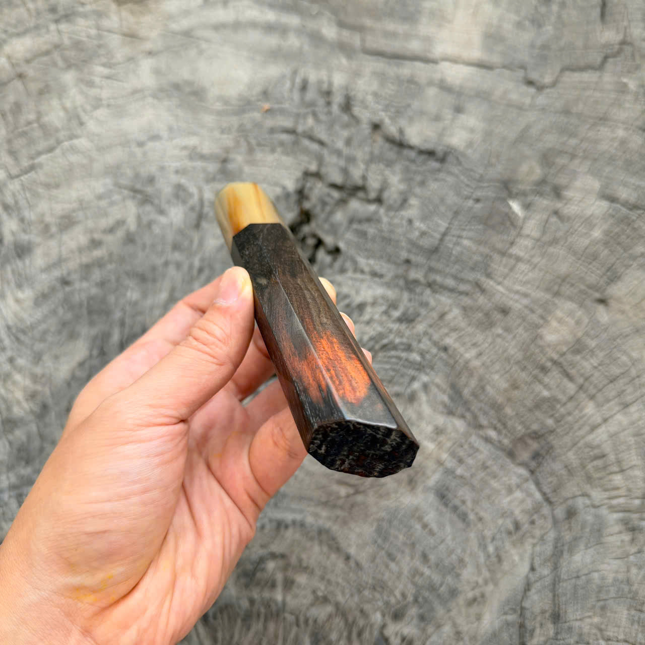 I - Live edge Black curly Siamese Rosewood Wa handle, White horn Ferrule, 140mm handle
