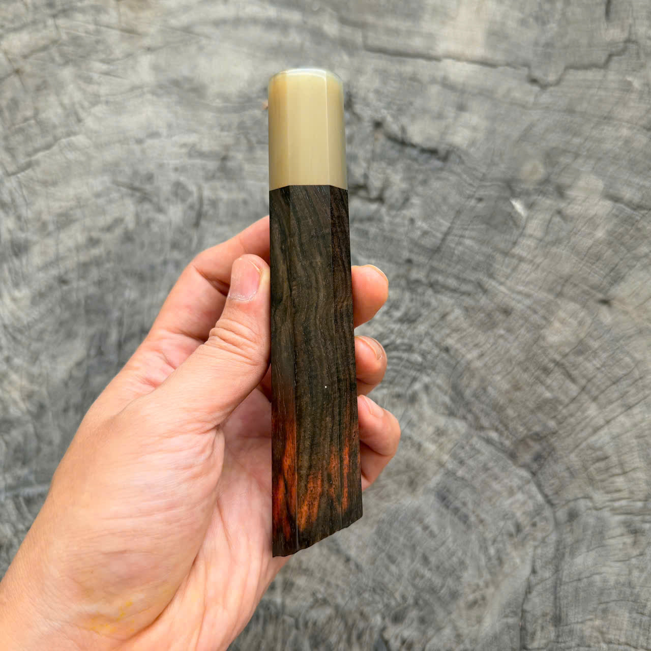 I - Live edge Black curly Siamese Rosewood Wa handle, White horn Ferrule, 140mm handle