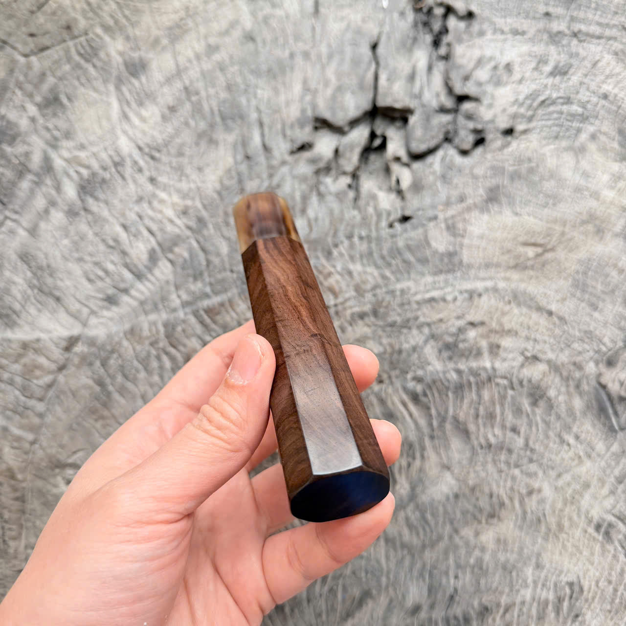 I - 8 Curly Dark Siamese Rosewood Wa handle, Marble horn ferrule,  145 mm handle