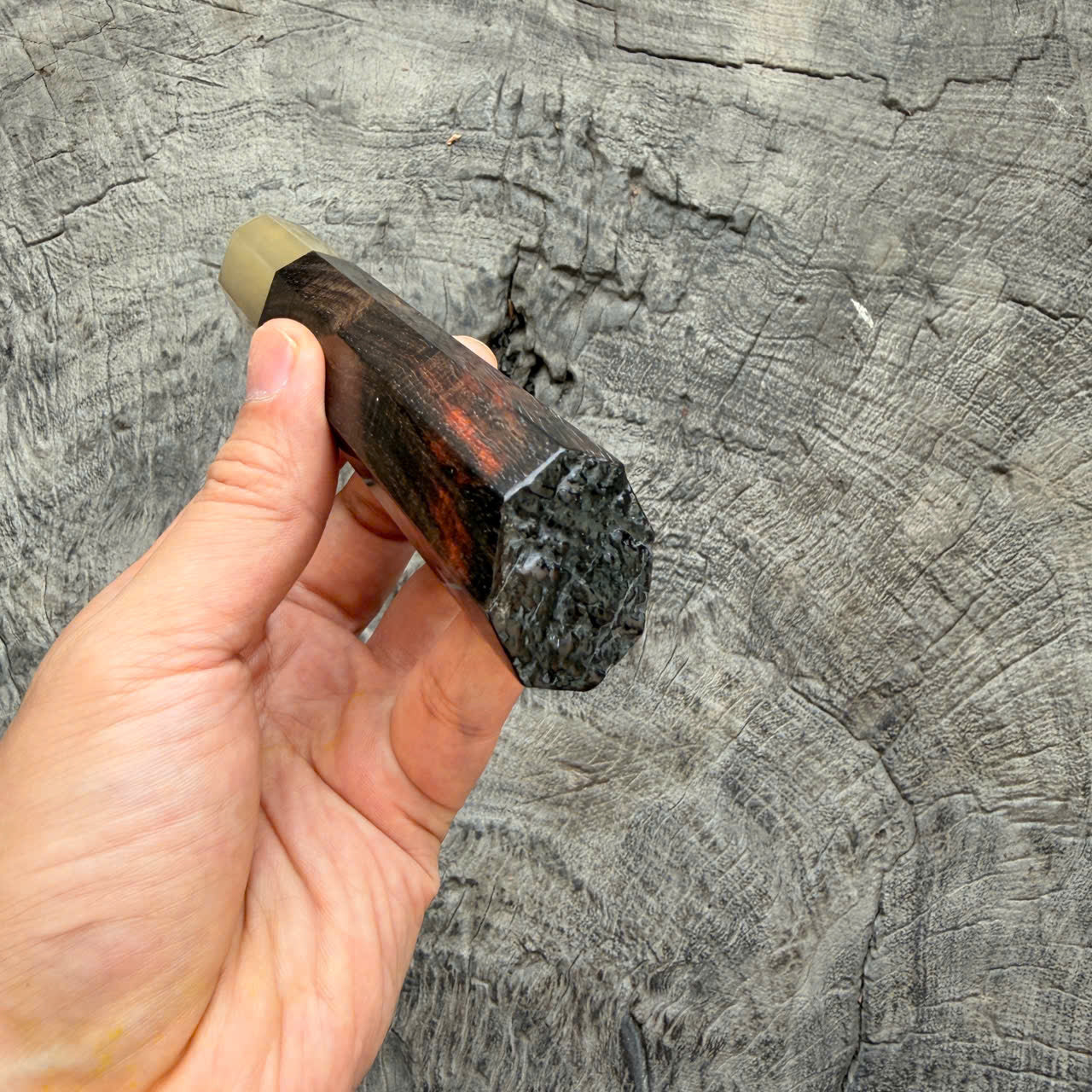 I - Live edge Black curly Siamese Rosewood Wa handle, White horn Ferrule, 140mm handle