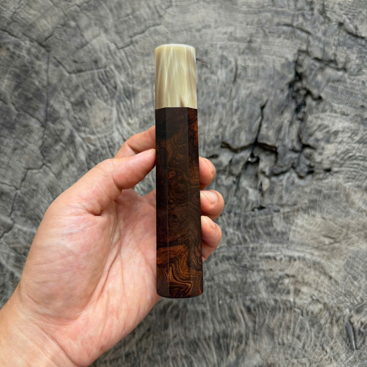 I - Super Dark Burl Desert ironwood Wa handle, Ivory horn ferrule, 145 mm handle