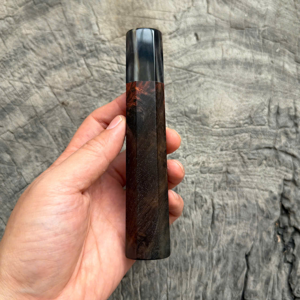 I - Black Curly Burl Siamese Rosewood Wood Wa handle, Black Marble horn ferrule, 140mm