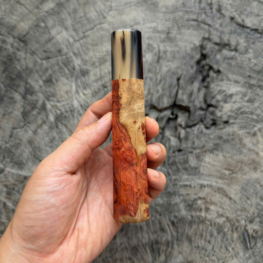 I - 8 Two tone Amboyna Burl Wa handle, Black White horn ferrule, 140mm handle