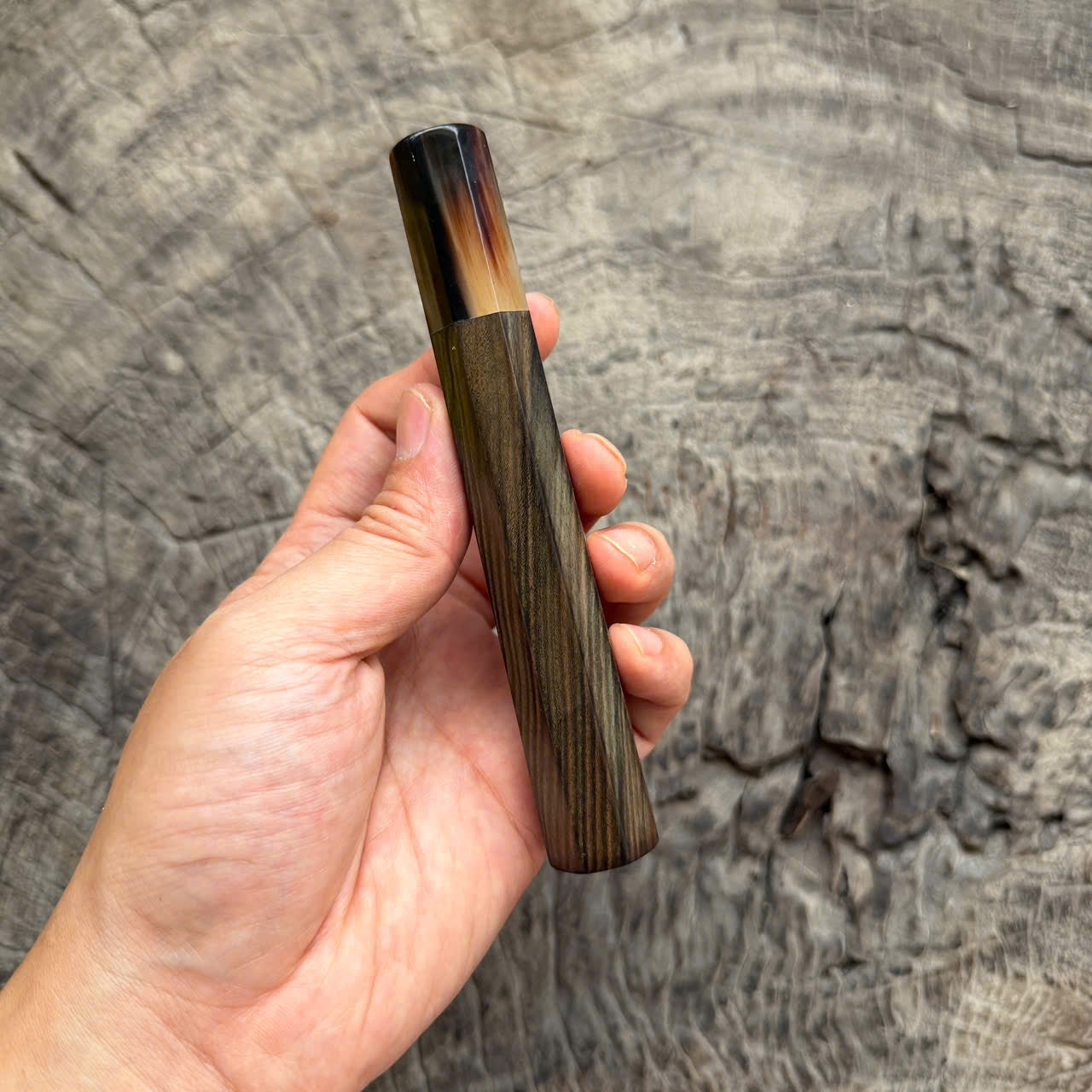 I- 2 Macassar bony Wa handle with grain running horizontally like ocean waves, Marble horn ferrule , 135 mm knife handle