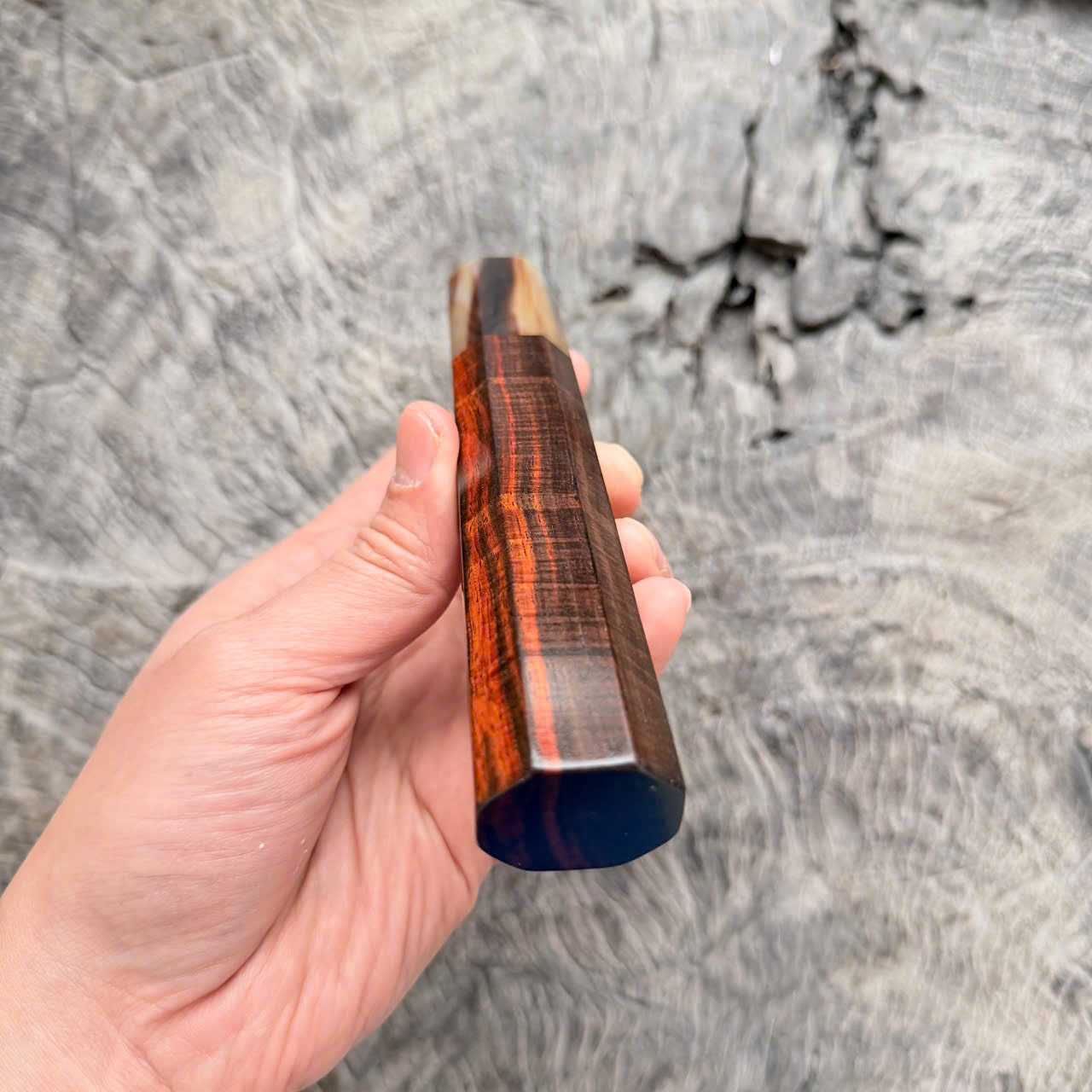 I - Cool Curly Red Black Siamese Rosewood Wa handle, Marble horn ferrule,  145 mm handle