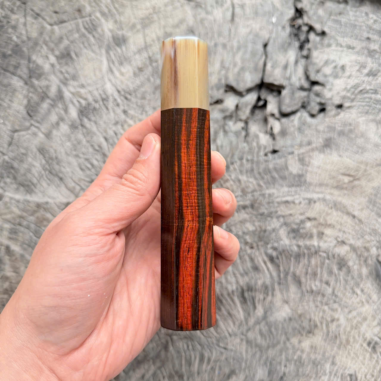 I - Cool Curly Red Black Siamese Rosewood Wa handle, Marble horn ferrule,  145 mm handle