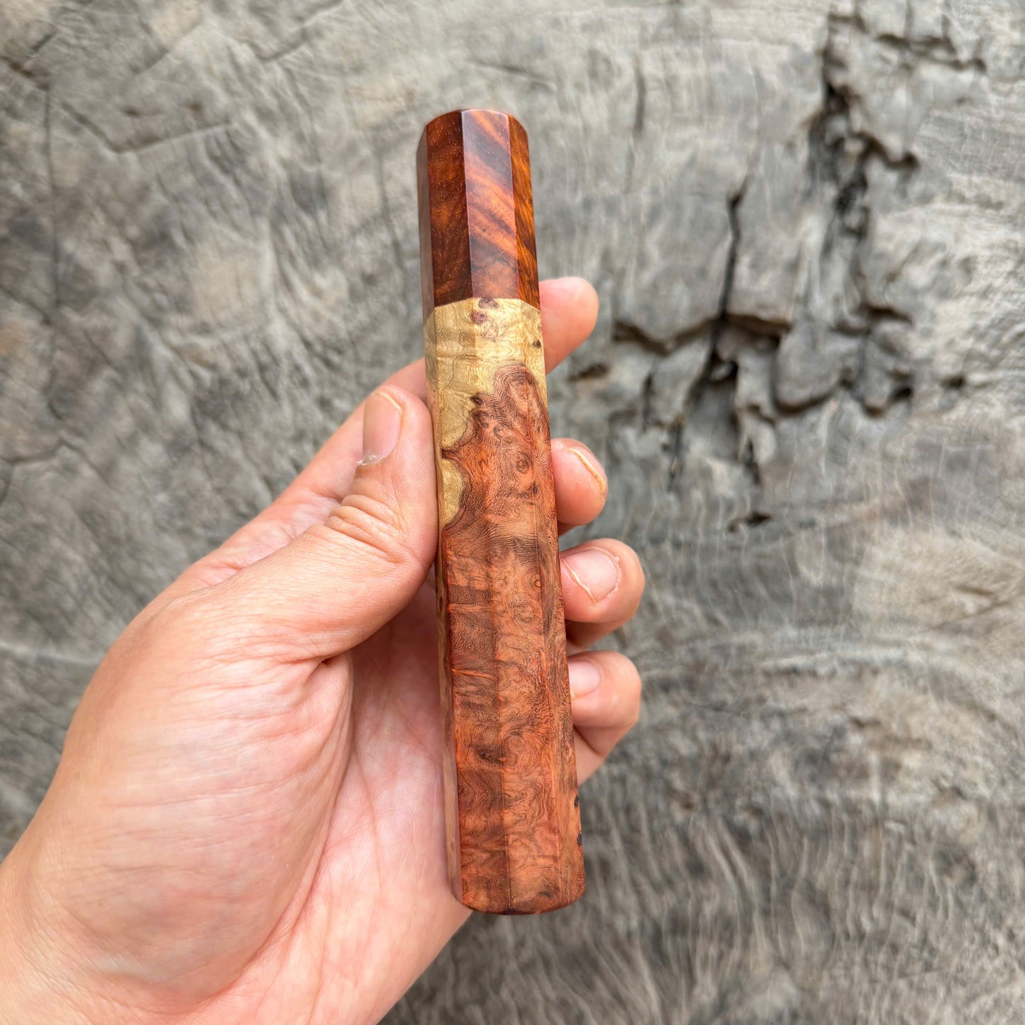 I -  Two tone Amboyna Burl Wa handle, Red Curly Rosewood ferrule -  140 mm