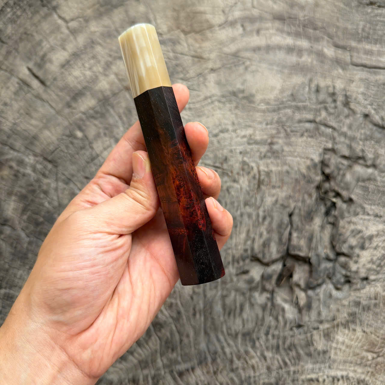I - Beautiful Red Black Siamese Rosewood Burl Wa handle,  Ivory Horn Ferrule , 140mm handle