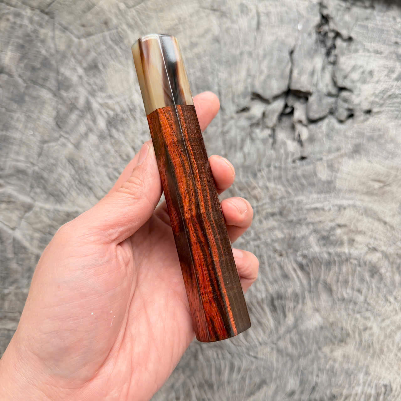 I - Cool Curly Red Black Siamese Rosewood Wa handle, Marble horn ferrule,  145 mm handle