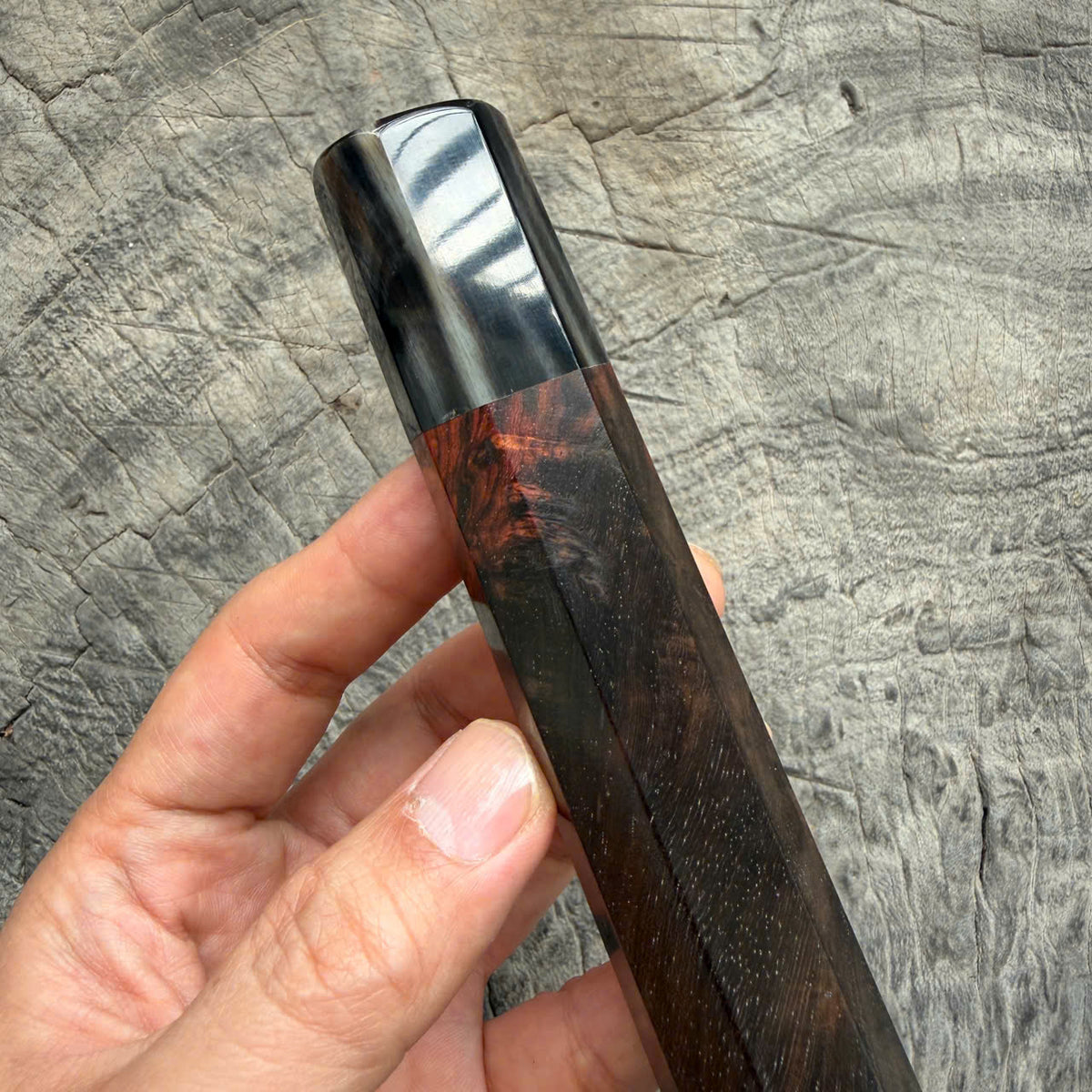 I - Black Curly Burl Siamese Rosewood Wood Wa handle, Black Marble horn ferrule, 140mm