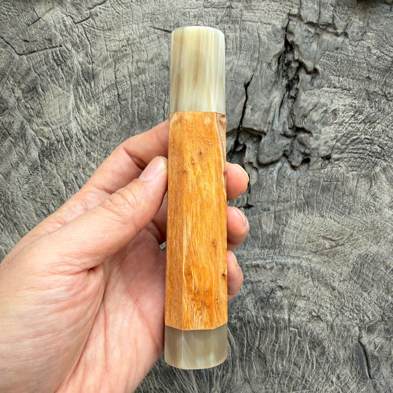 I - Two Tone Viet Cedar Burl Wa handle, Ivory Horn Ferrule & End cap -  140 mm