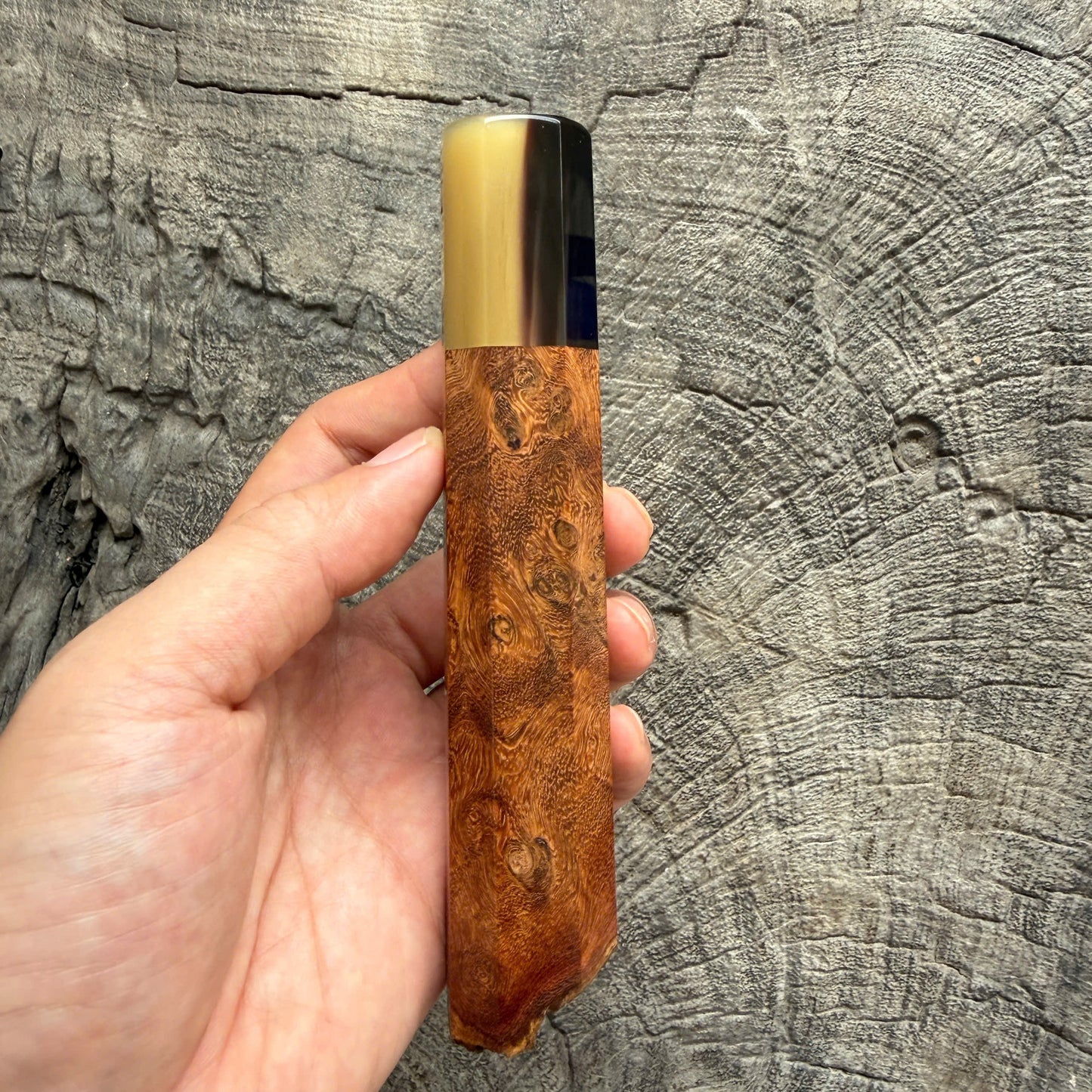 I -  Live Edge Laos Ironwood Burl Wa handle, Marble Horn ferrule - 145 mm