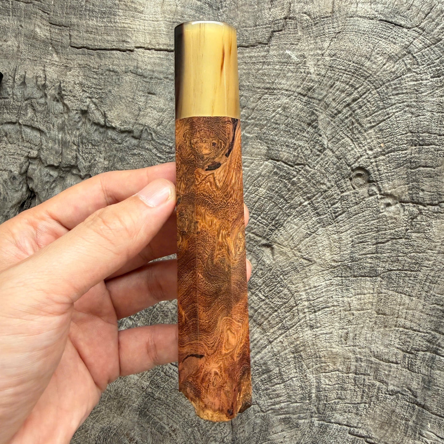 I -  Live Edge Laos Ironwood Burl Wa handle, Marble Horn ferrule - 145 mm