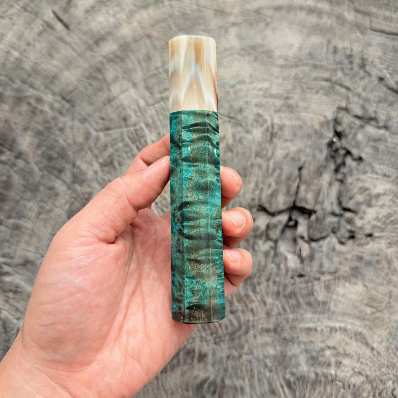 I - Blue Stabilzied Burl wood Wa handle, Cream horn Ferrule, 140mm handle