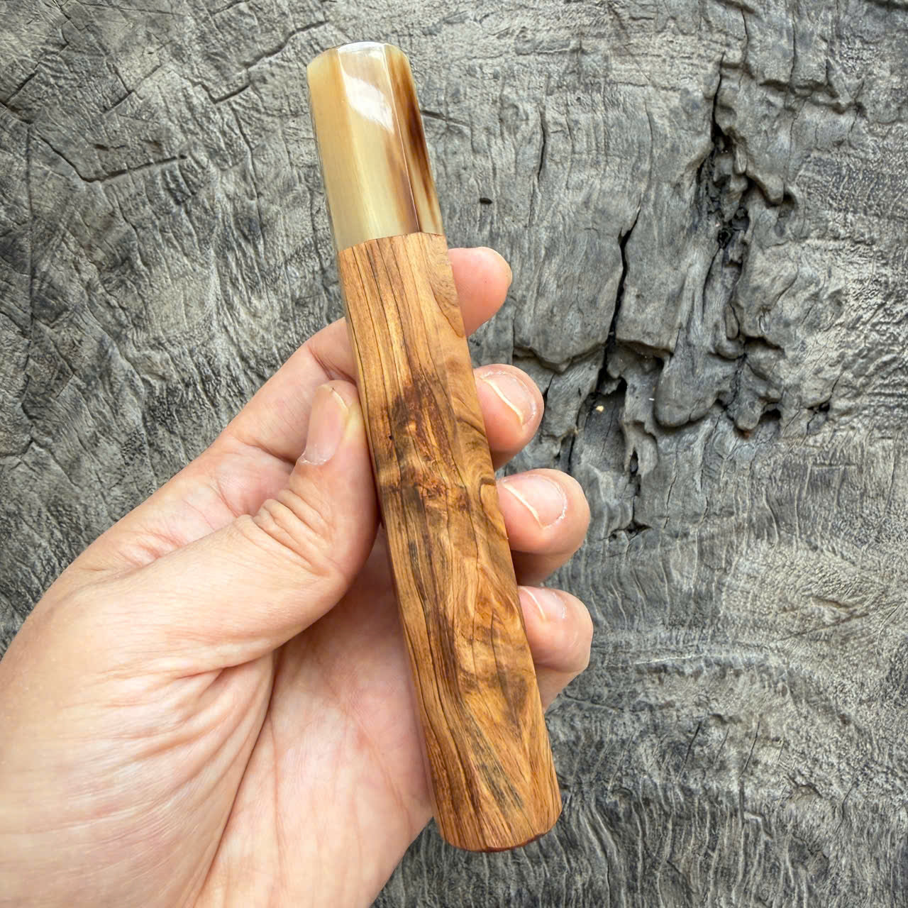 I- 15 Japanese Tamamoku Cedar (Rich oil) Wa handle, Marble Horn Ferrule - 135mm