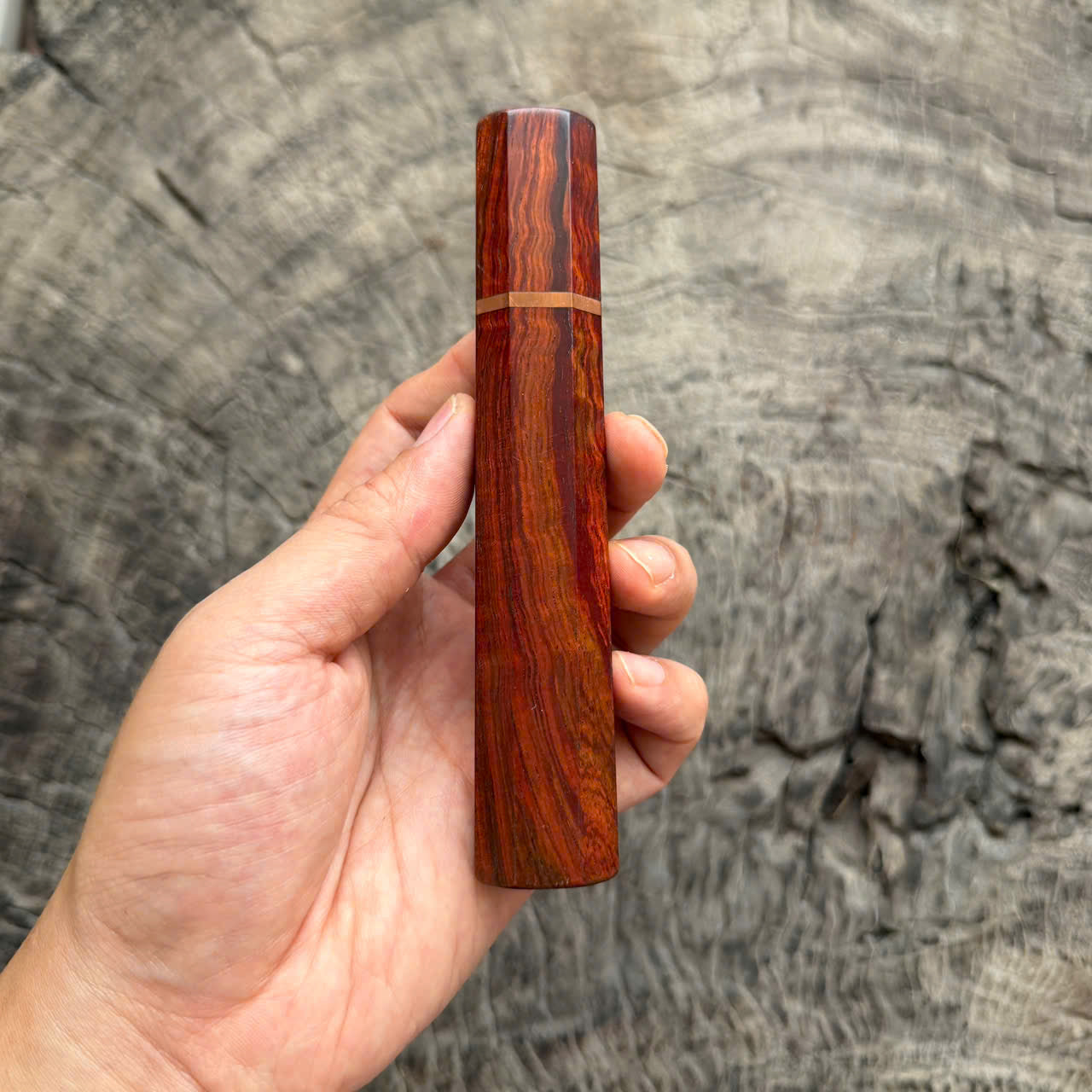 I - Curly Red Orange Simaese Rosewood Wa handle, Copper Spacer, , 140mm handle