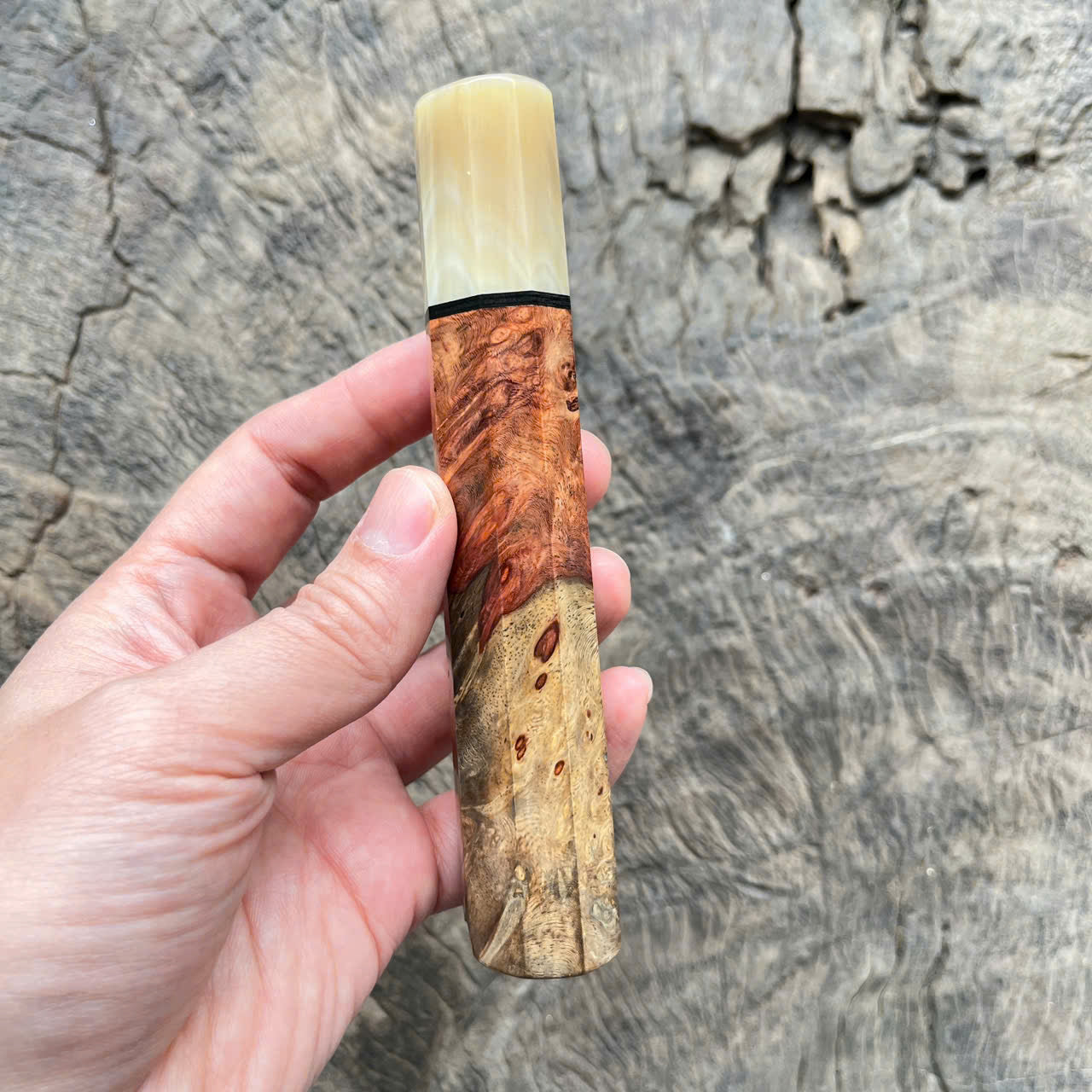 I - Two tone Amboyna burl live edge with white horn ferrule and black G10 spacer, 140mm