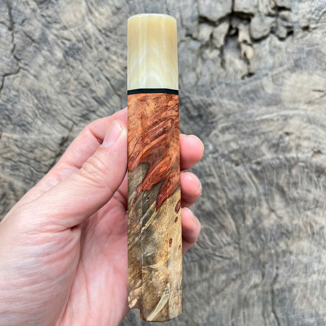 I - Two tone Amboyna burl live edge with white horn ferrule and black G10 spacer, 140mm