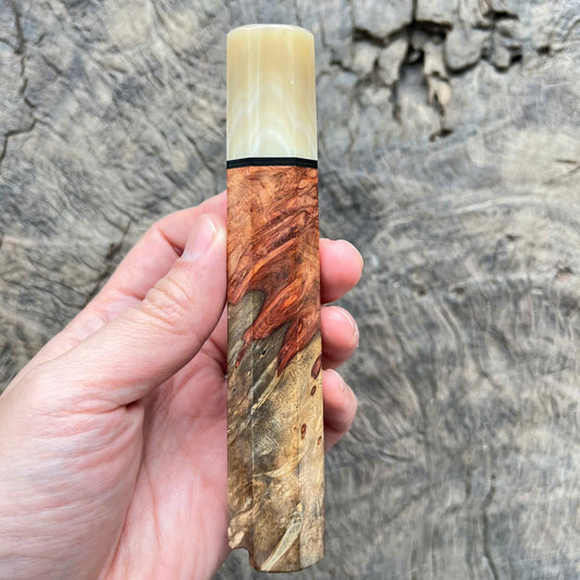 I - Two tone Amboyna burl live edge with white horn ferrule and black G10 spacer, 140mm