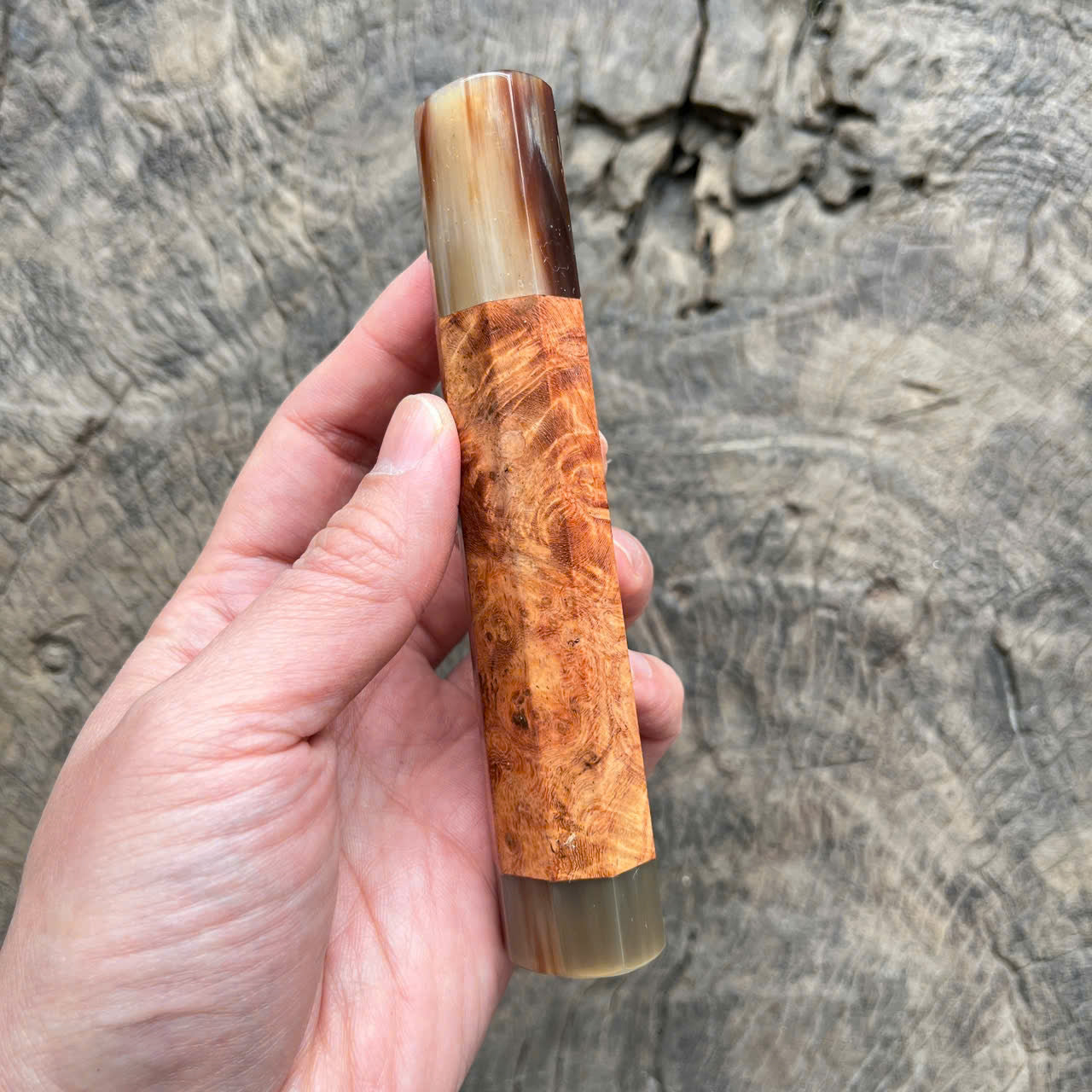 I- 3 Amboyna Burl Wa handle, marble horn ferrule, End cap, 135mm