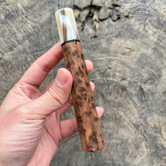 I - Thuya burl wa handle, white horn ferrule, Black G10 spacer, 140mm