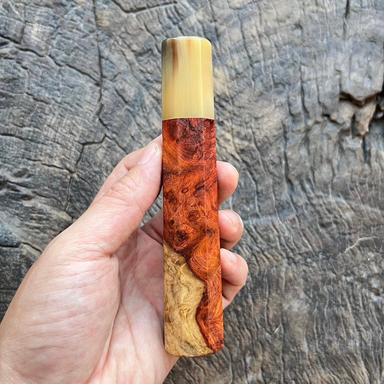 I- 8 Two tone amboyna burl with marble horn ferrule - 140mm