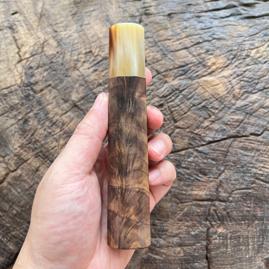 I-  Peacock tail Walnut Wa handle with marble horn ferrule  145mm (special)