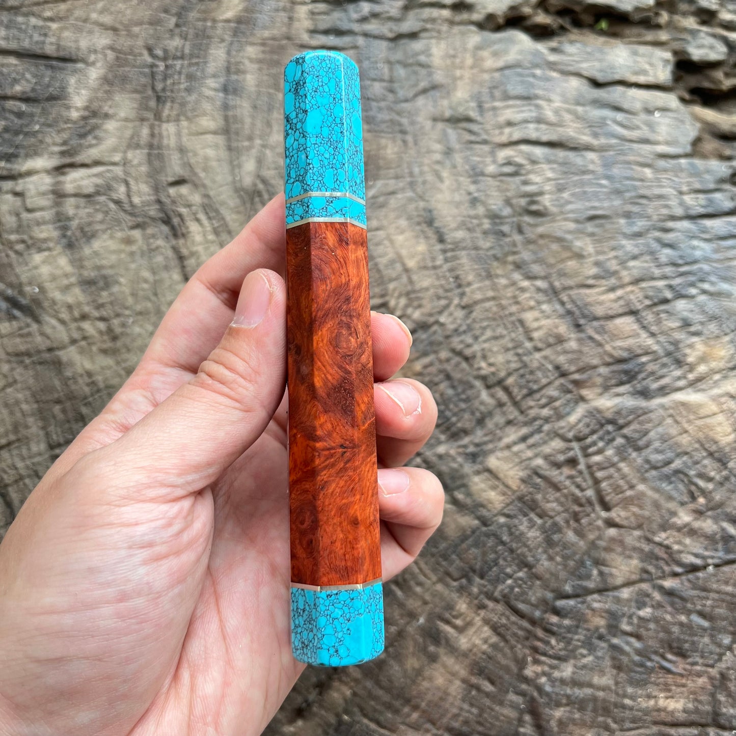 Amboyna burl wood Wa handle with Turquoise stone Ferrule and 3 Nickel ring