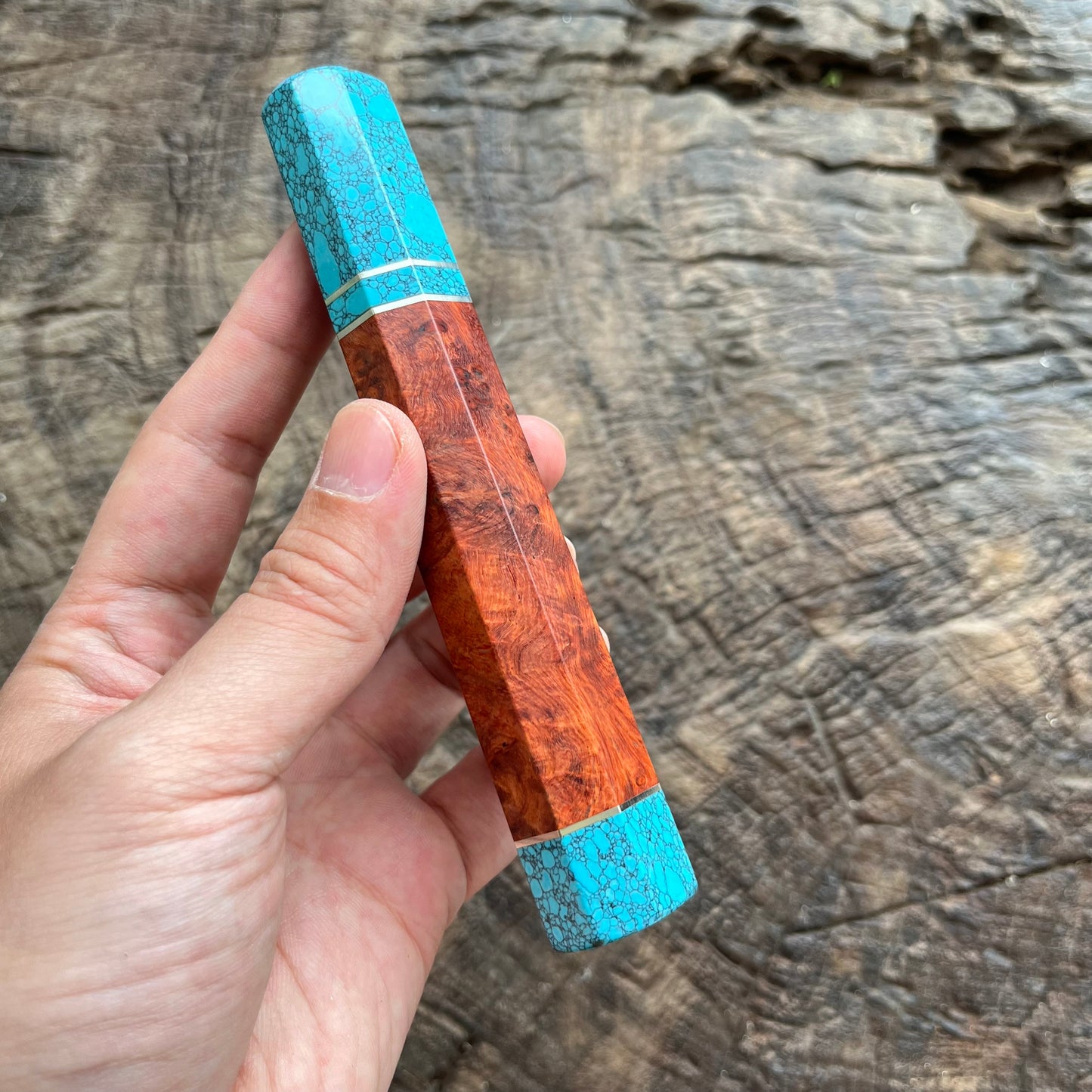 Amboyna burl wood Wa handle with Turquoise stone Ferrule and 3 Nickel ring