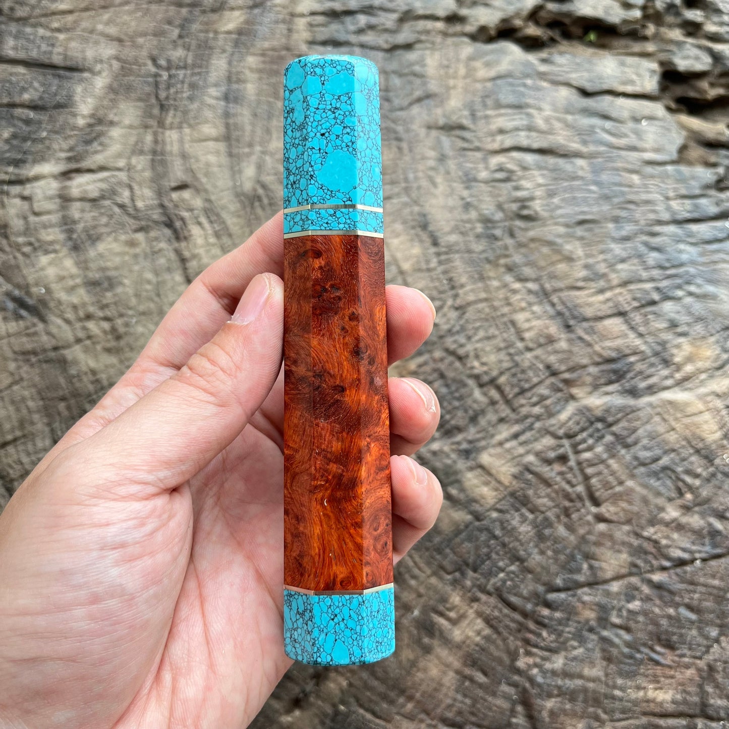 Amboyna burl wood Wa handle with Turquoise stone Ferrule and 3 Nickel ring