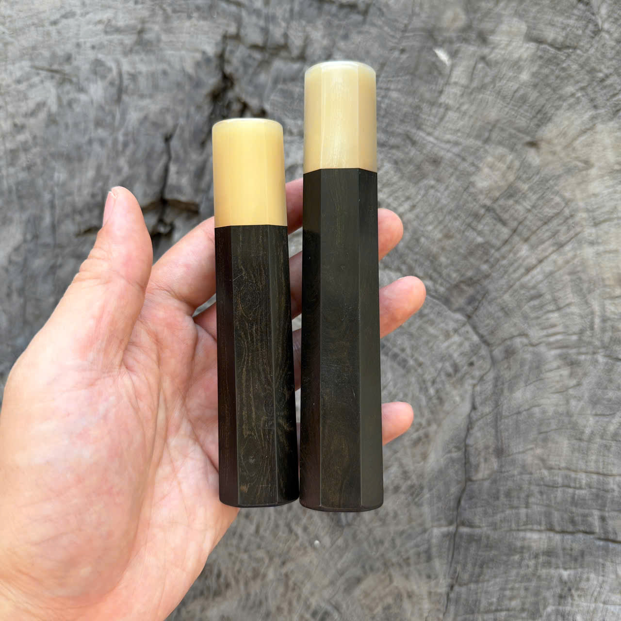 I - Set of 2 Ebony Wa handle, White Horn Ferrule, 145 and 125 mm handle