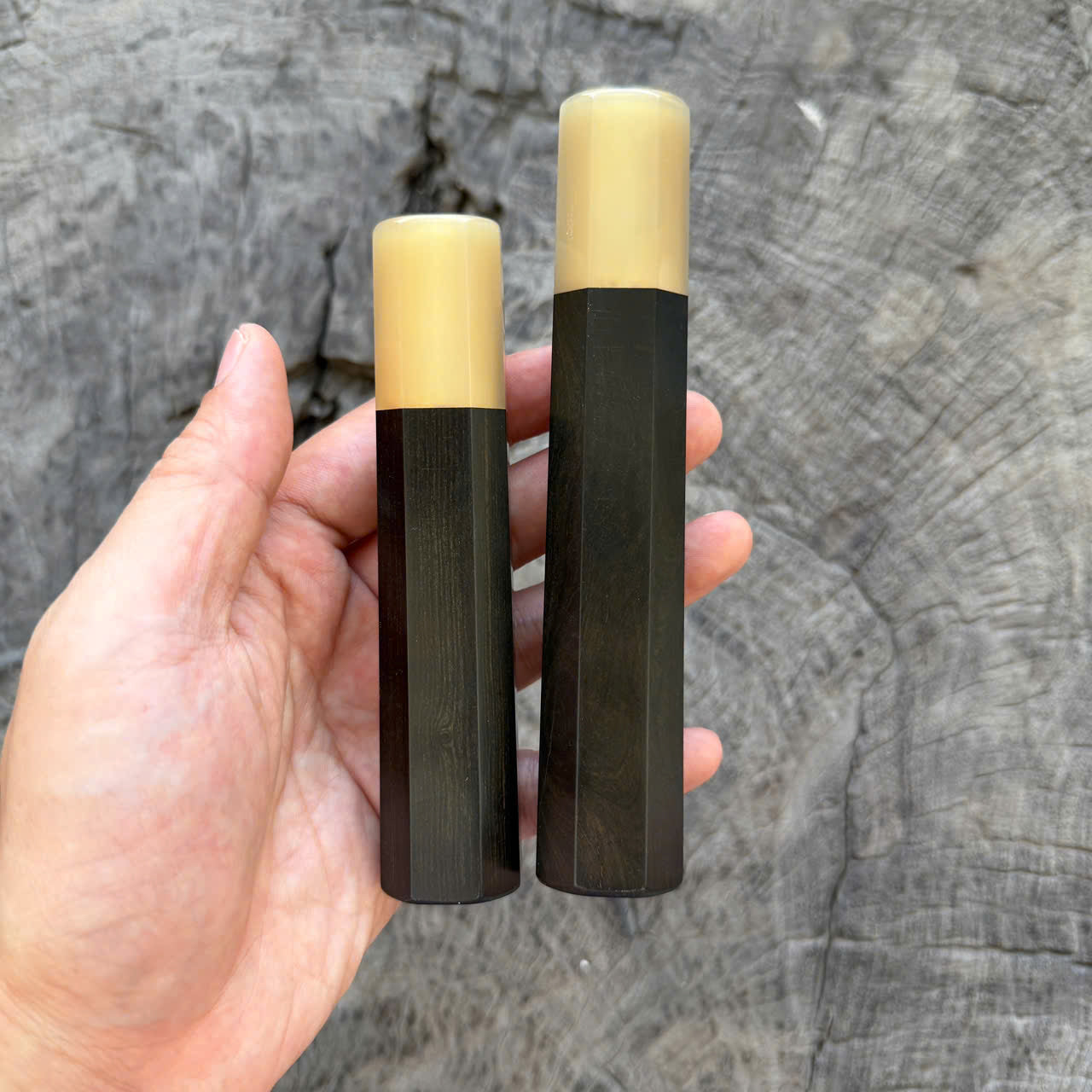 I - Set of 2 Ebony Wa handle, White Horn Ferrule, 145 and 125 mm handle
