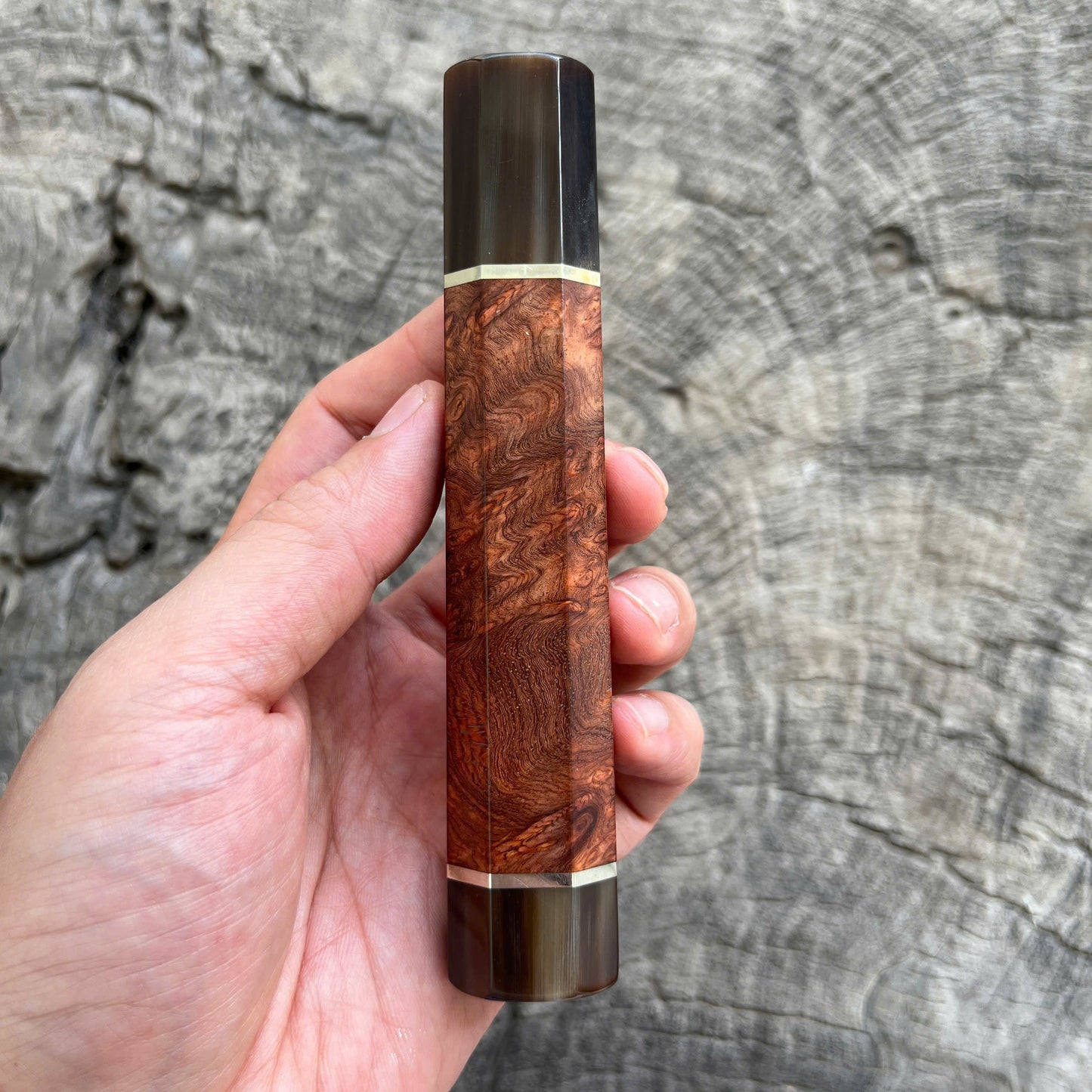 I- 2 Amboyna Burl Wa handle, Marble horn ferrule and End cap, Nickel spacer - 135mm