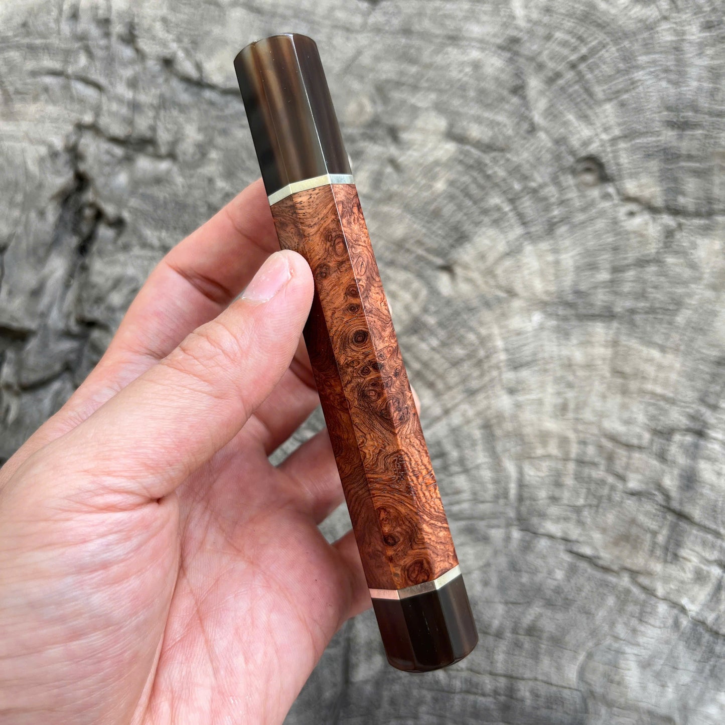 I- 2 Amboyna Burl Wa handle, Marble horn ferrule and End cap, Nickel spacer - 135mm